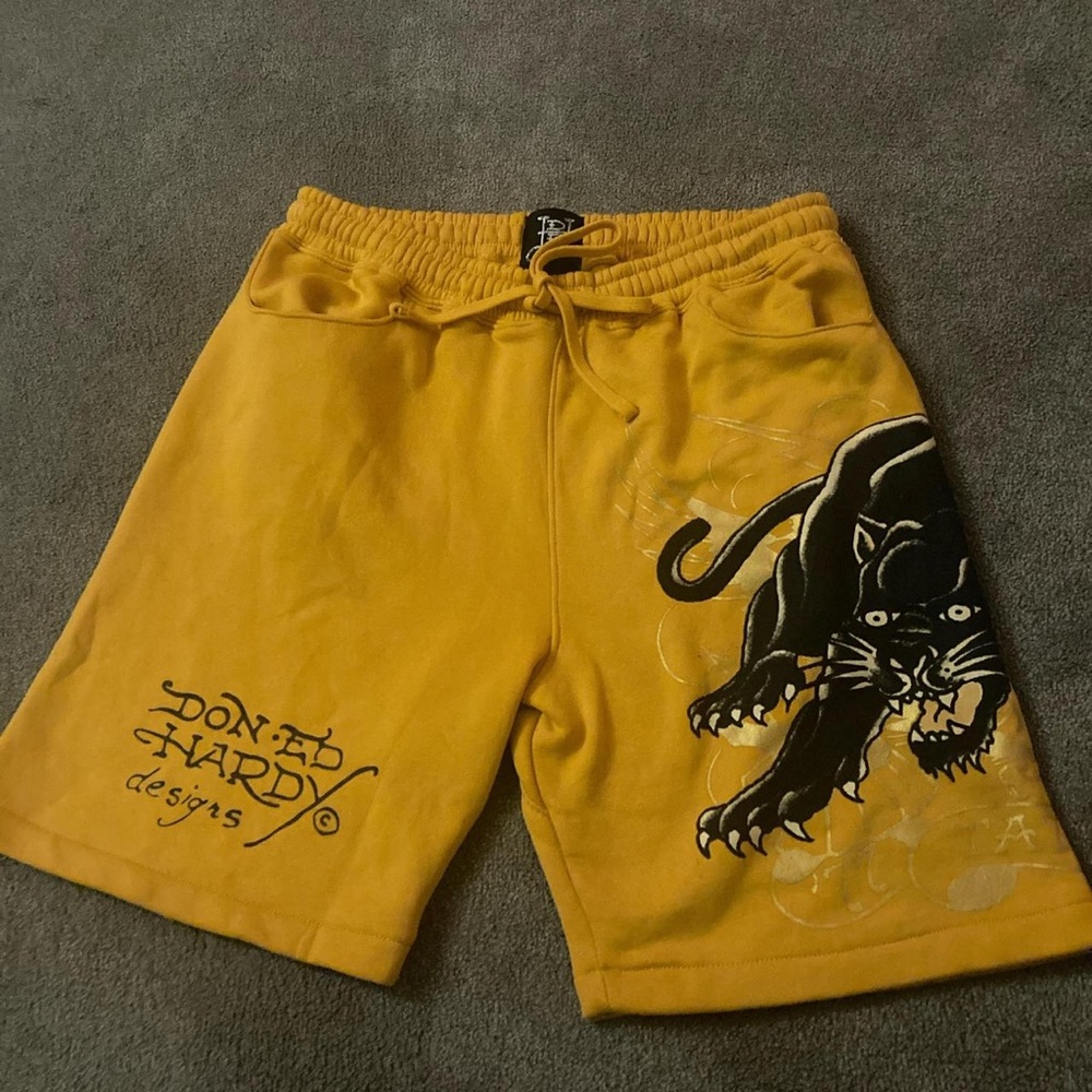 Ed Hardy Yellow Men's Shorts with Panther Design